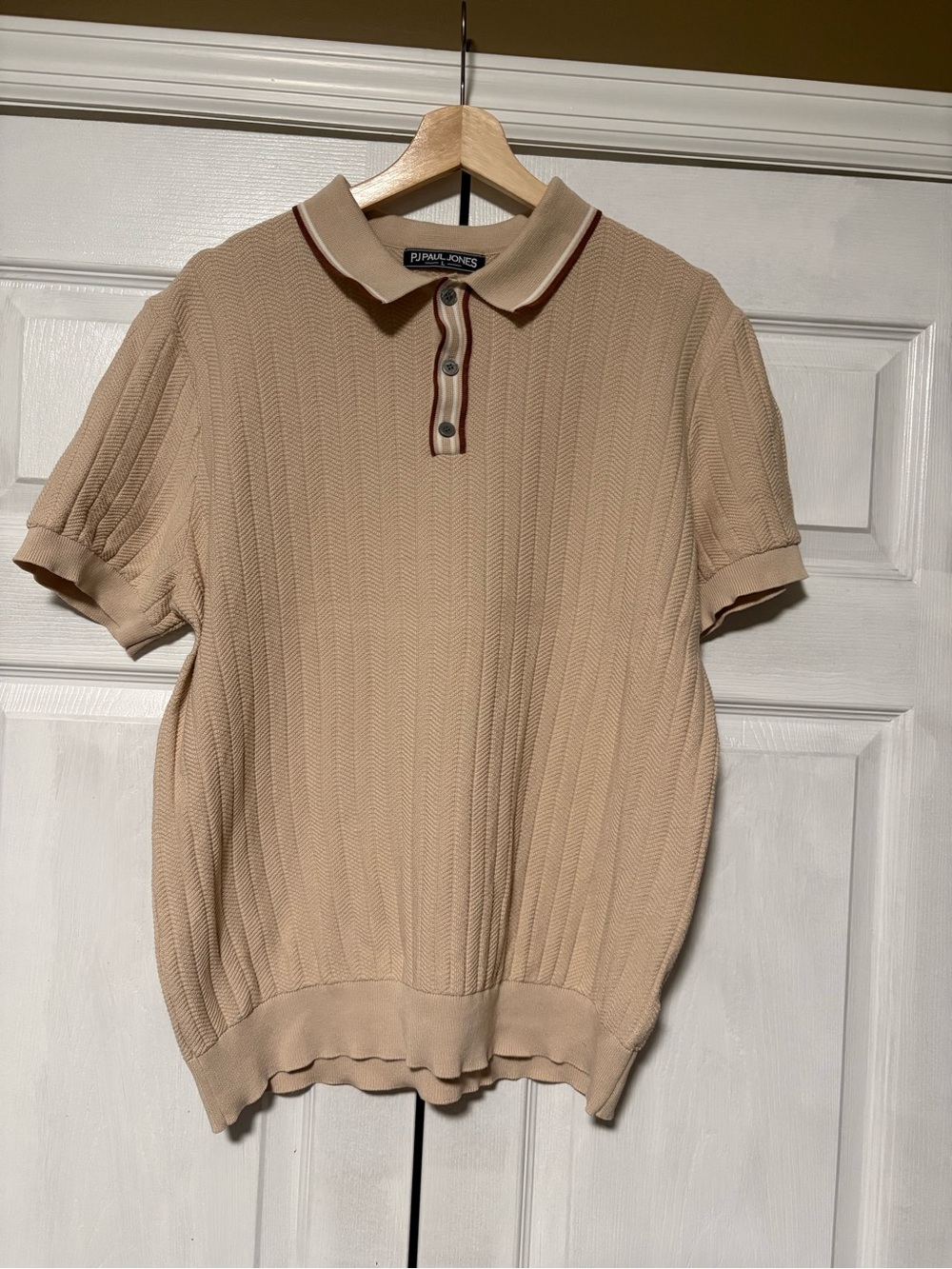 PJ Paul Jones Ribbed Knit Polo Shirt L Beige Tan Chevron Crochet Retro S/S